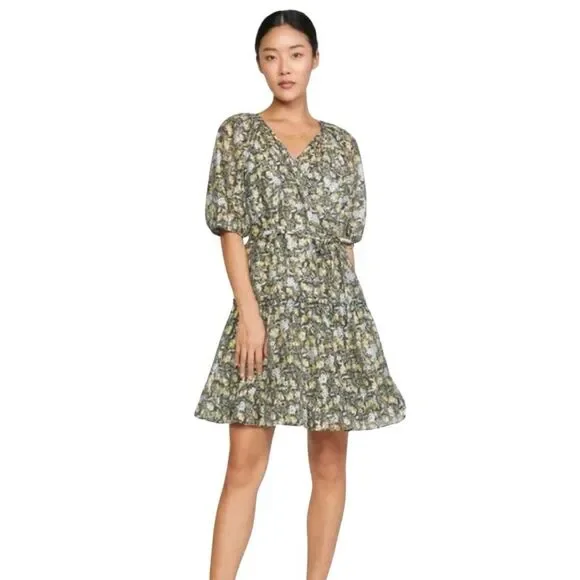 NWT Current Air M Gray Floral Wrap Dress Ruffle Mini V-Neck Puff Sleeve Cottage - Picture 2 of 9